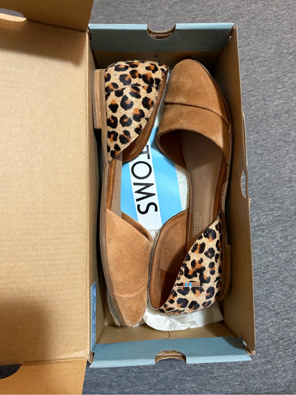 TOMS Jutti D'orsay Flats in Carmel Brown Suede with Leopard Pattern Cow Hair - Picture 4 of 11